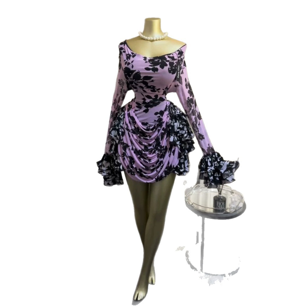 European and american cross-border women's fashion:  summer new arrival - elegant printed ruffle trim pleated flared sleeve dress