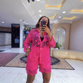 European and american cross-border fashion women's clothing  autumn new solid color long sleeve turn-down collar floral appliqué waist-defining casual two-piece set