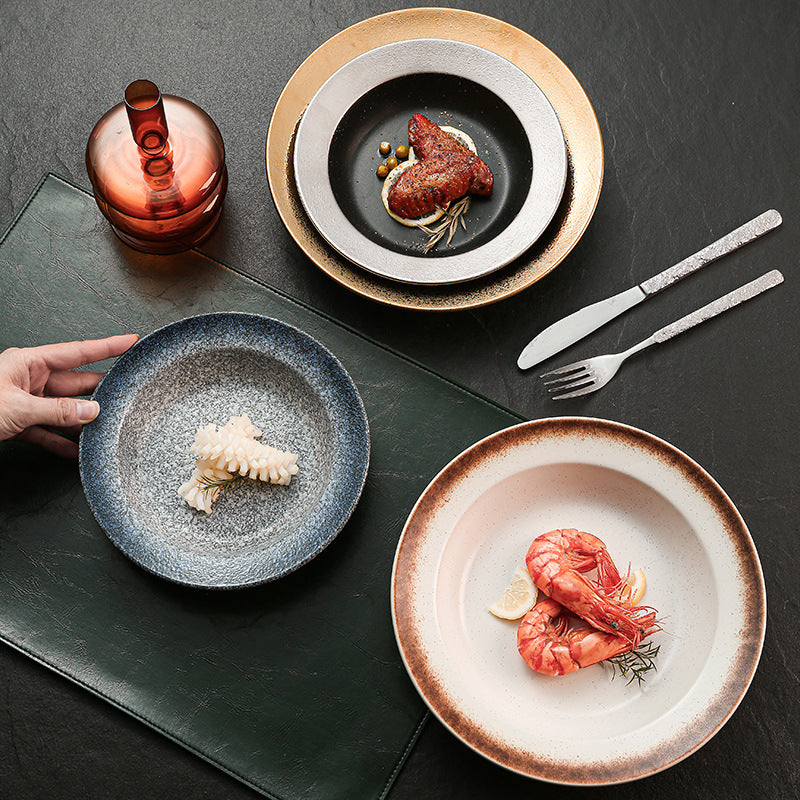 Japanese retro ceramic dinnerware - western dessert, straw hat plate, restaurant hot pot, soup plate, fruit salad, snack deep dish
