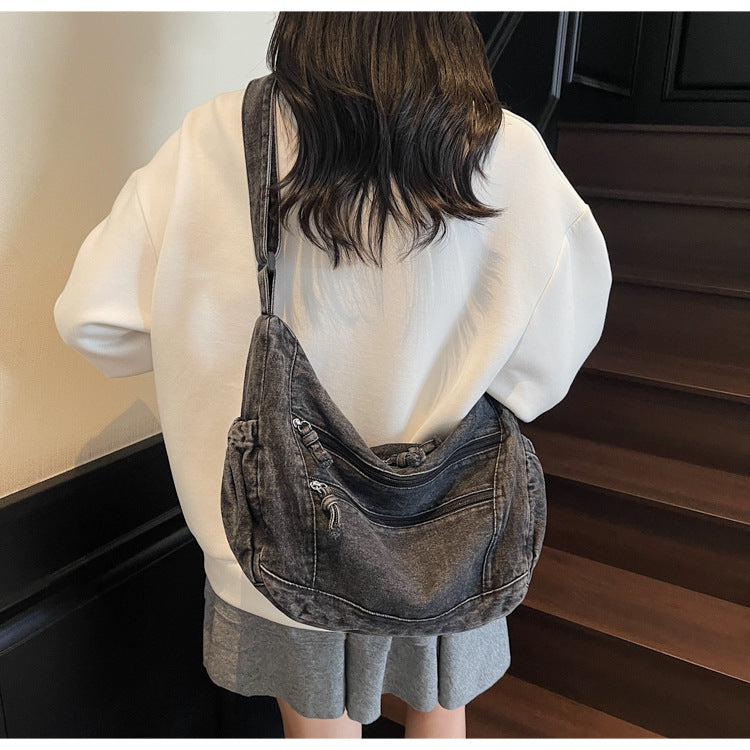 Cross-border denim bag women's large capacity 2025 new summer casual shoulder messenger bag niche commuter tote bag