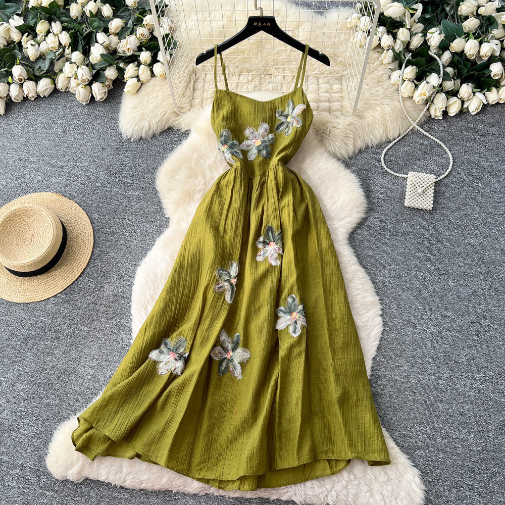 French riviera style sweet cami dress - women's designer dress with intricate 3d floral appliqués and cinched waist