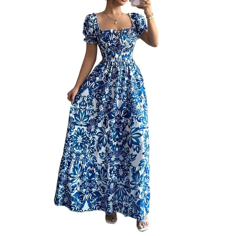code new arrival  original women's square collar puff sleeves floralsprinting waist a-line skirt