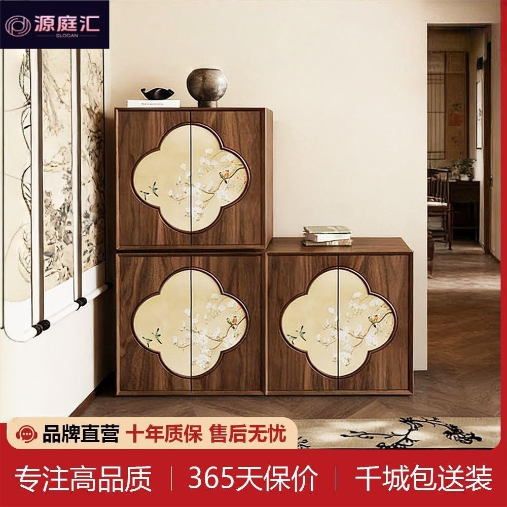 Song dynasty aesthetic black walnut entryway cabinet - modern chinese style solid wood storage console table - stackable storage combination unit
