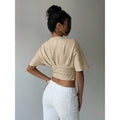Women's light grey v-neck knotted short sleeve cropped t-shirt, ladies' summer casual wear