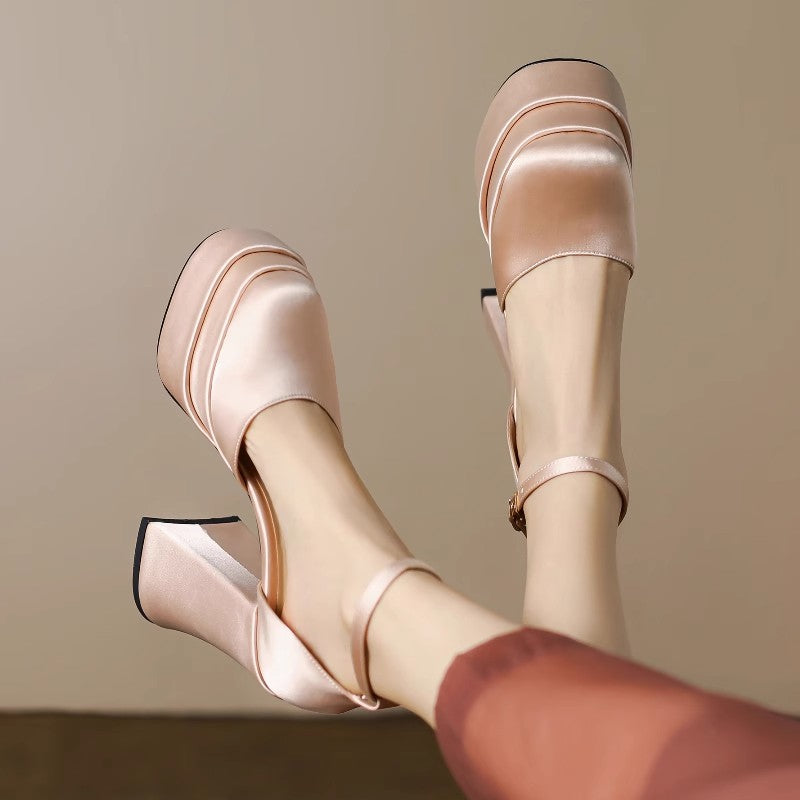 French satin wedding shoes white main wedding dress bridal shoes tired feet petites high heels thick heel waterproof platform with skirt