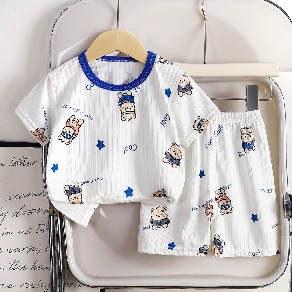 Summer kids' ice silk short sleeve and shorts set - lightweight air conditioning clothing for boys and girls - wholesale baby pajamas and loungewear
