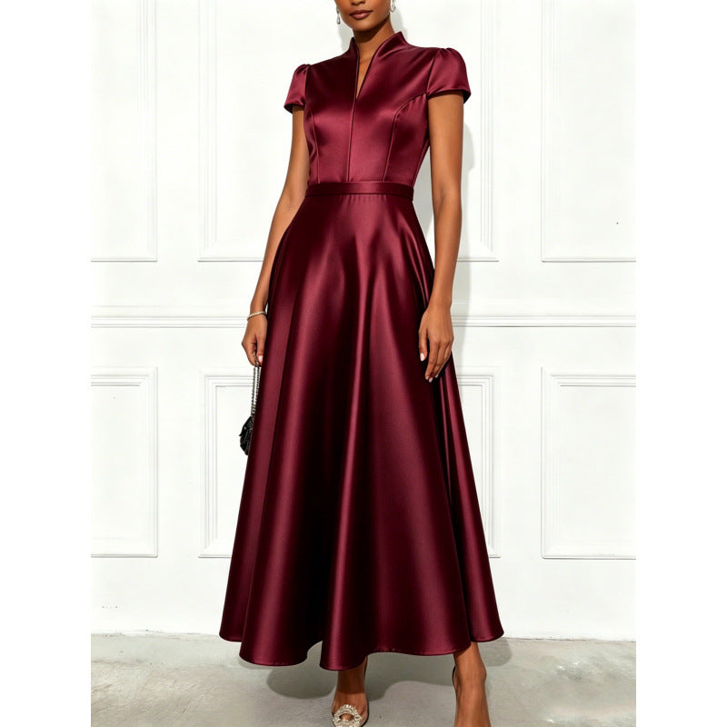 European and american cross-border new arrival: solid color knitted satin short-sleeve a-line dress with cinched waist