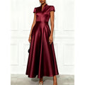 European and american cross-border new arrival: solid color knitted satin short-sleeve a-line dress with cinched waist