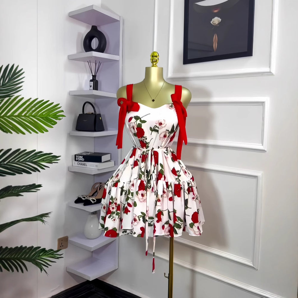 European and american cross-border women's fashion  spring new sleeveless printed double shoulder bow tie ruched mini dress