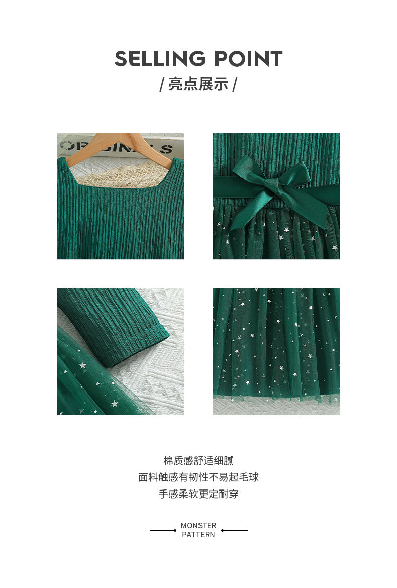 Girls' long-sleeve dress for export, green star pattern, mesh paneling, bow belt, a-line princess dress