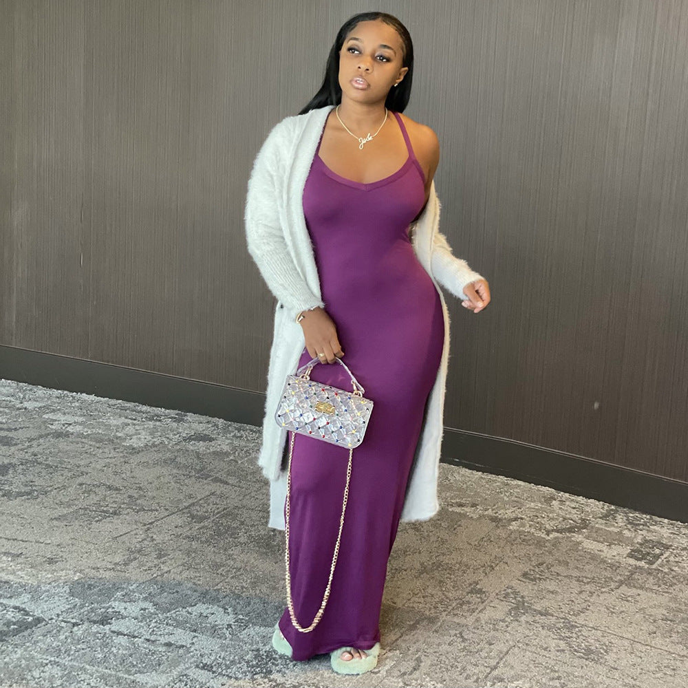 S390081 Foreign trade European and American women's clothing ins new models, sexy solid color suspender dress, fashionable temperament long dress women