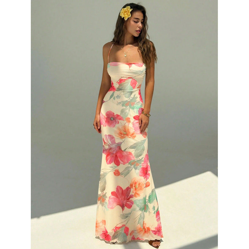 Women's backless tie-up cami bodycon fitted mermaid maxi dress - sexy summer vacation & date night outfit