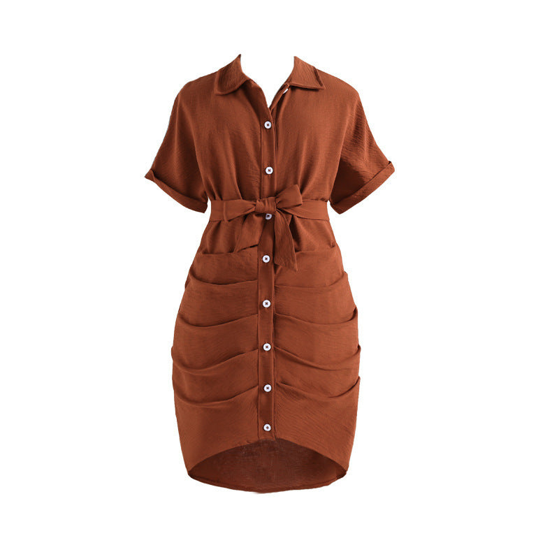 Exportgirldress spring and summer new arrival cross-border casual lapel single-breasted tie back waist short-sleeved shirt skirt