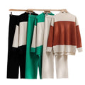 K-stylelong sleevesfashionsuit women's loose stand collar stripesknitting shirttopstwo-piece sethigh waiststraight-legloose pants