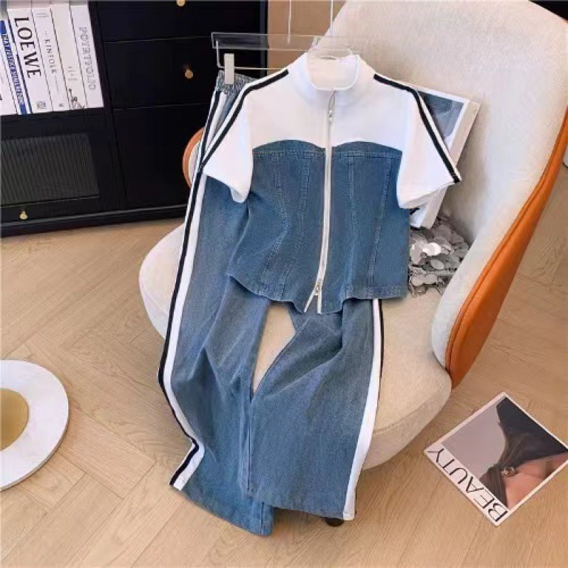 Fashionable zipper denim two-piece set - spring/autumn 2025 new collection: denim patchwork long-sleeve top & wide-leg pants