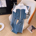 Fashionable zipper denim two-piece set - spring/autumn 2025 new collection: denim patchwork long-sleeve top & wide-leg pants