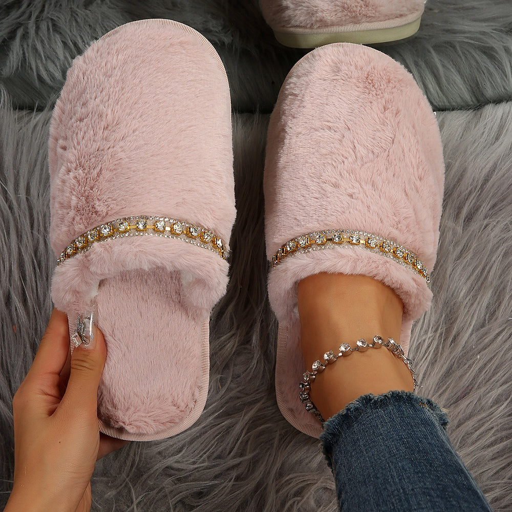New instrendy baotou diamond strip fur slippers for women, home flatsheattech cotton slippers for women, wholesale cross-border slippers
