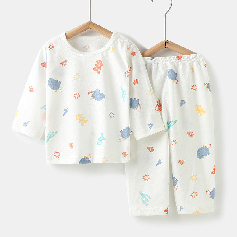 Baby underwear set summer thin pure cotton unisex baby mesh air conditioning suit pajamas infant round neck set