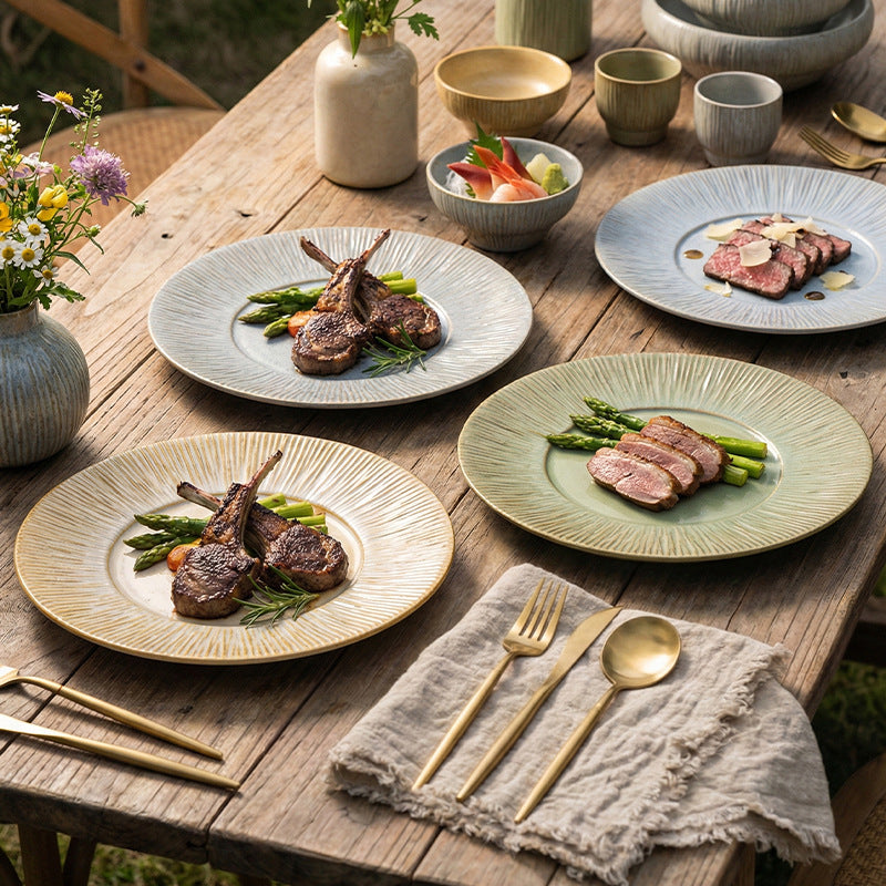 Embossed irregular ceramic steak plate - stylish, high-value, retro striped dinnerware for restaurants and hotels