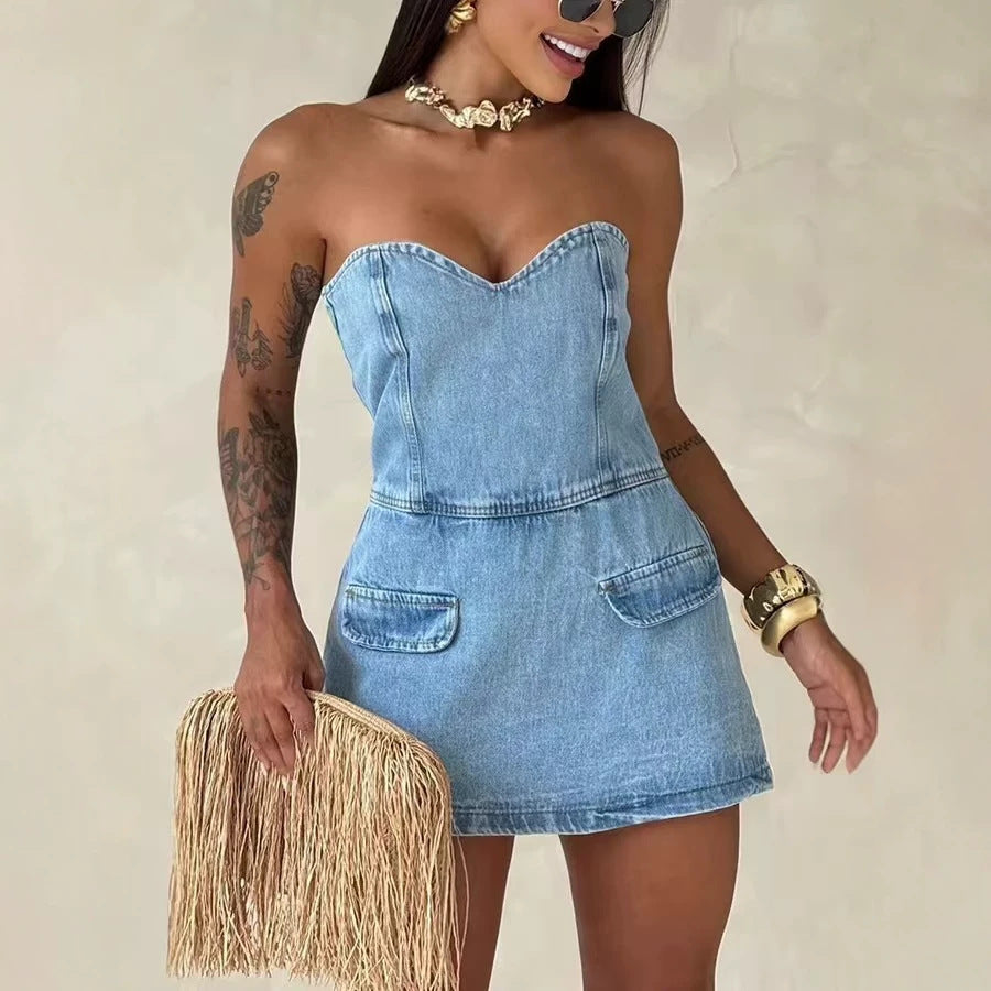 fashionnew arrivalexport sexytube top jumpsuit back zipper tube denim jumpsuit shorts for women