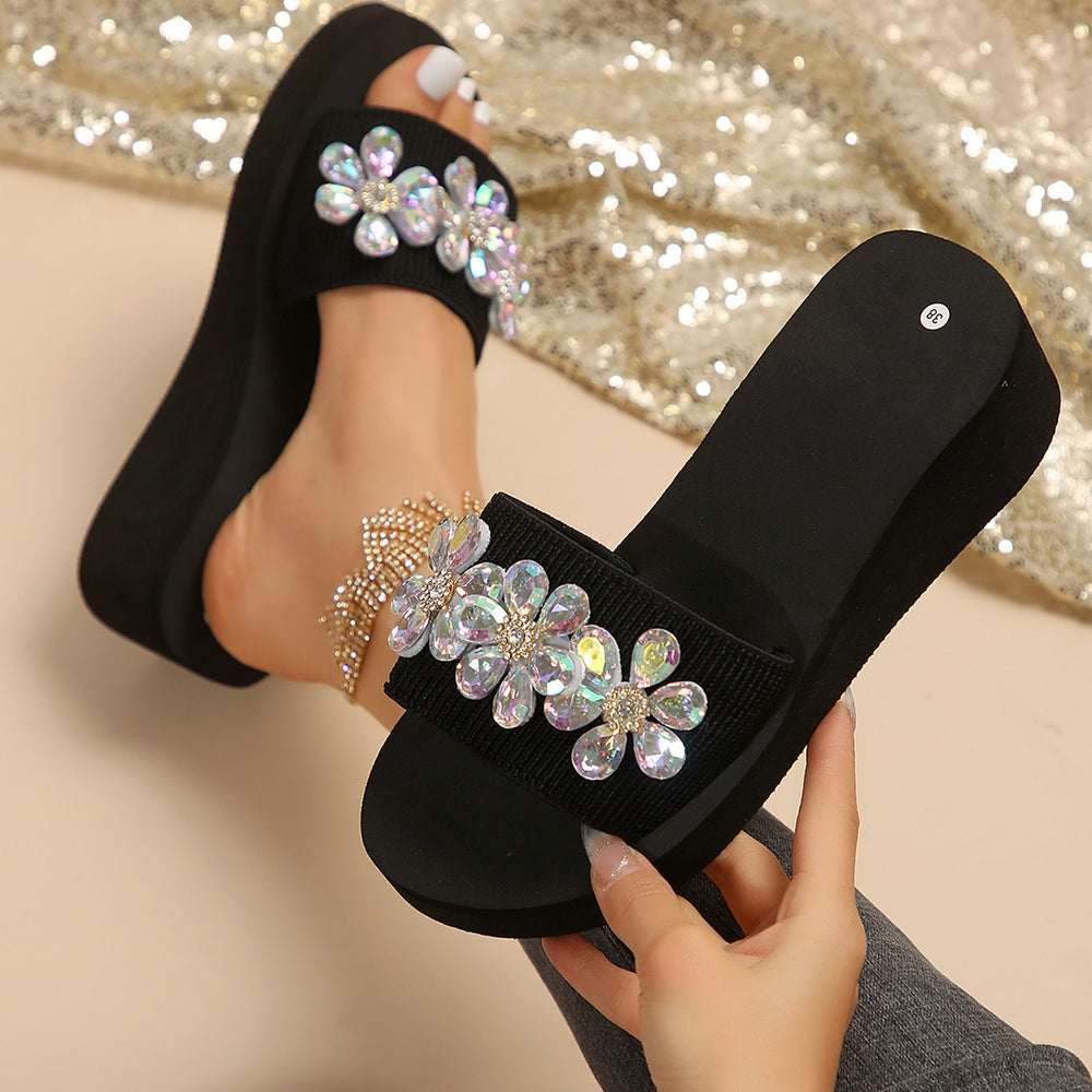 Amazon's new thick sole flip-flops for women summer outwear rhinestone flower high heel open slippers women's beach sandals