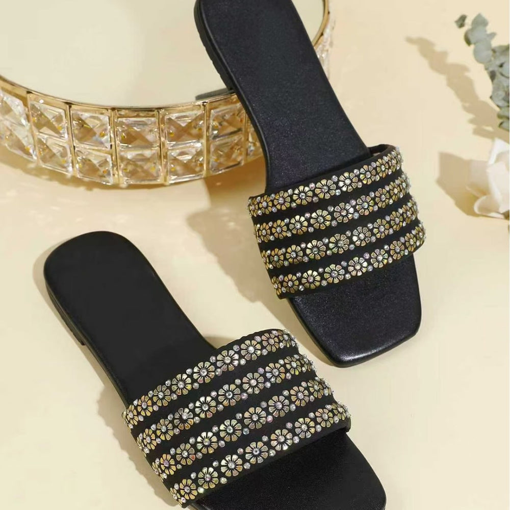 2025 summer new rhinestone flat sandals women's outdoor square toe open toe flip-flops plus size casual slippers wholesale