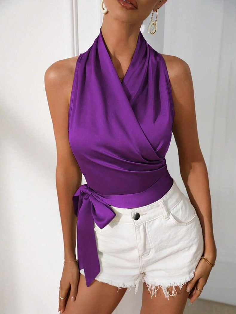 women's satin blouse - spring/summer halter neck sexy tie-up sleeveless top