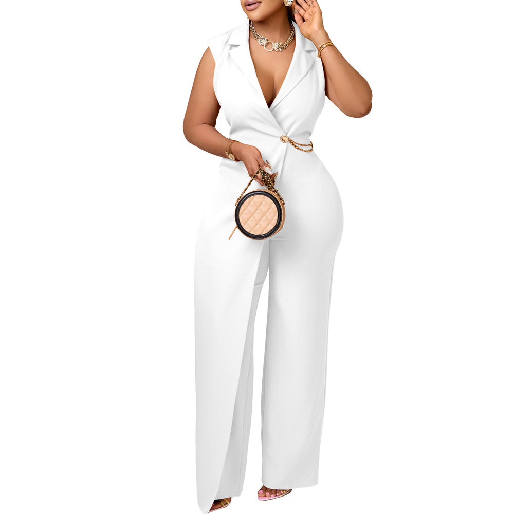 Q130  cross-border new summer elegant fashion sleeveless suit collar women's casual commute jumpsuit
