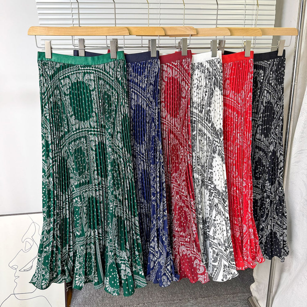 Exportsweeteasiest for matchpleated skirt large swing printing skirt women's frenchhigh waista-line medium long pleated skirt