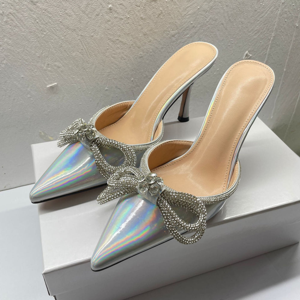 Slip-on laser bow rhinestone high-heeled slippers, stiletto heel, pointed toe, half-slippers, outwearfashion style new arrival