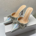 Slip-on laser bow rhinestone high-heeled slippers, stiletto heel, pointed toe, half-slippers, outwearfashion style new arrival