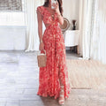 summer new women's clothing: cross-border fashionable printed v-neck ruffle hem slit dress for export to europe and the us