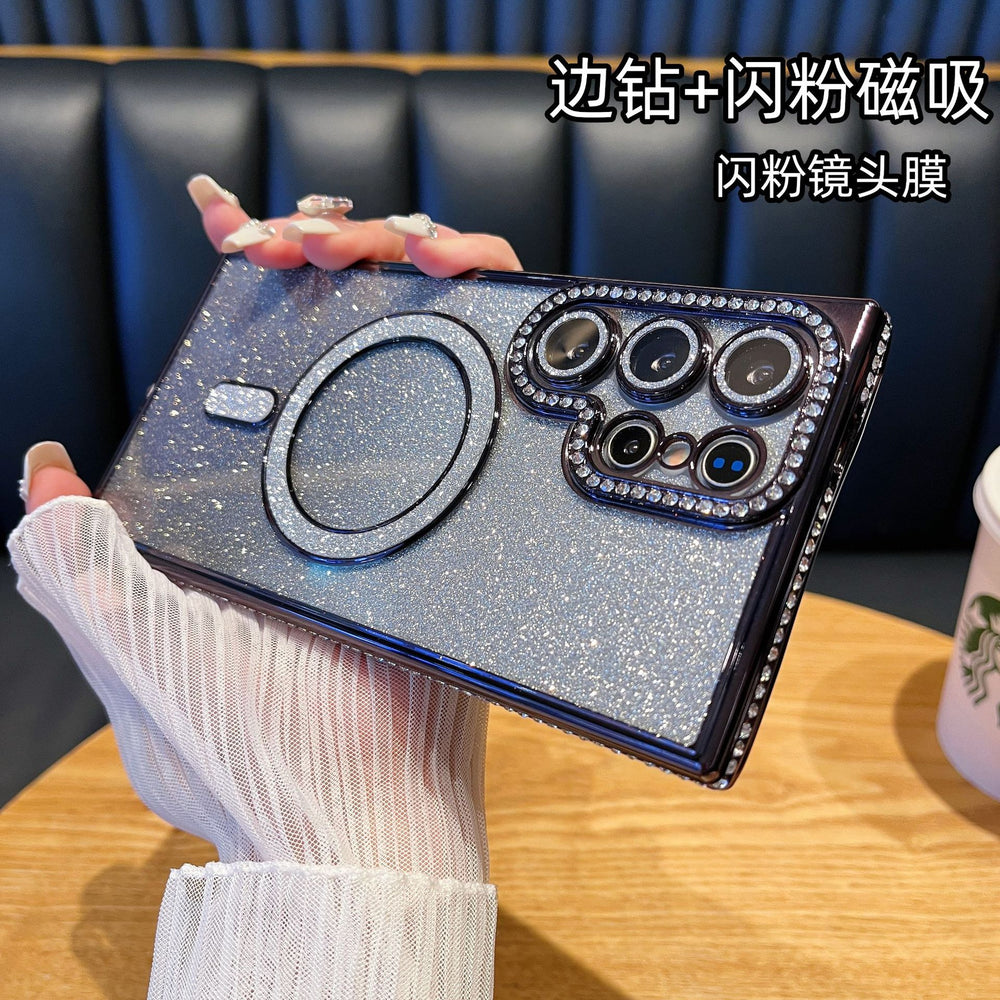 Rhinestone-embellished magnetic glitter case for samsung s25 ultra, s26 plus, with diamond-studded lens protector and a16 case