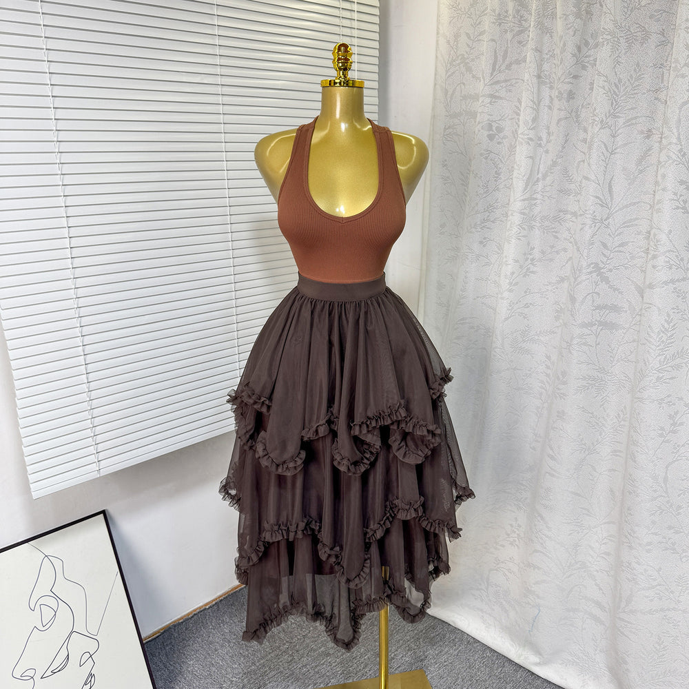 export elastic waist mesh ruffle asymmetrical tiered cake skirt midi high waist a-line midi skirt