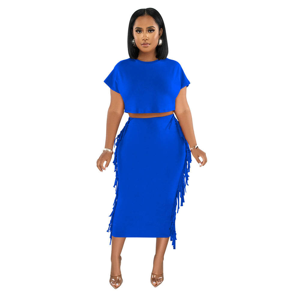 X6331 cross-border   fashion women's solid color tassel crew neck short sleeve maxi dress two-piece set