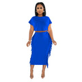X6331 cross-border   fashion women's solid color tassel crew neck short sleeve maxi dress two-piece set