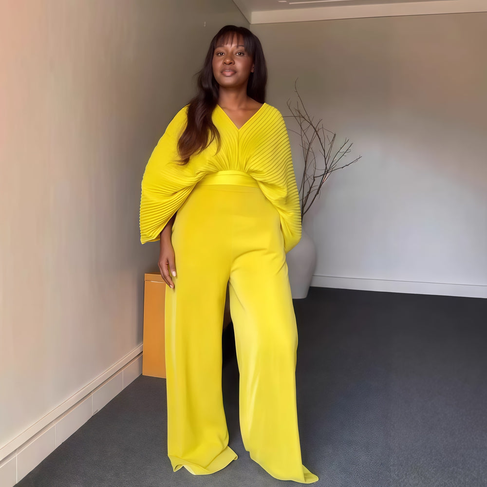 European and american cross-border women's fashion:  autumn new collection - solid color v-neck pleated loose top and high-waisted straight-leg pants two-piece set