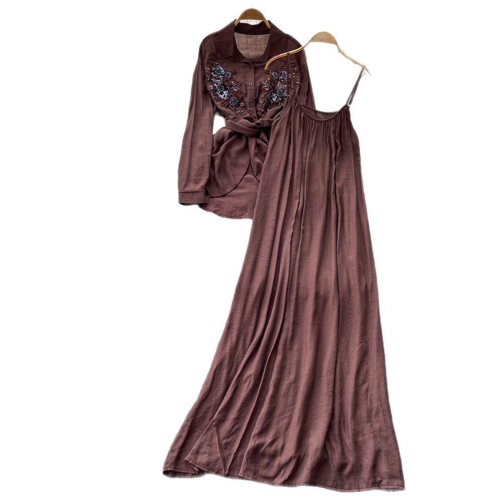 Gentle and lazy style embroidershirt suspender skirt two-piece set for women  spring autumslimming lookelegantfashionsuit