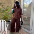 European and american women's clothing  autumn new collection: sweet and fresh v-neck five-sleeve blouse and high-waisted straight-leg pants two-piece set