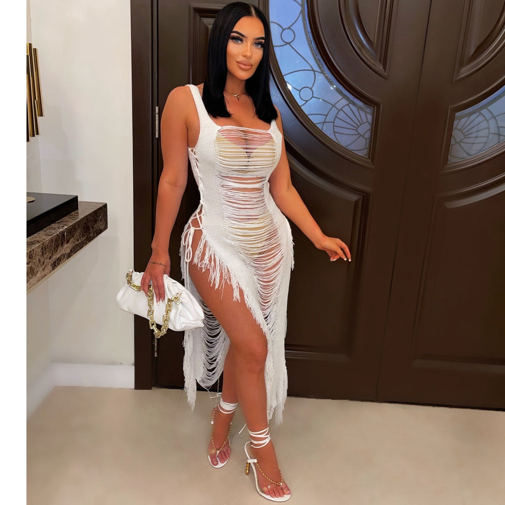 spring/summer new women's dress - european & american sexy cutout beach cover-up with tassel beach skirt