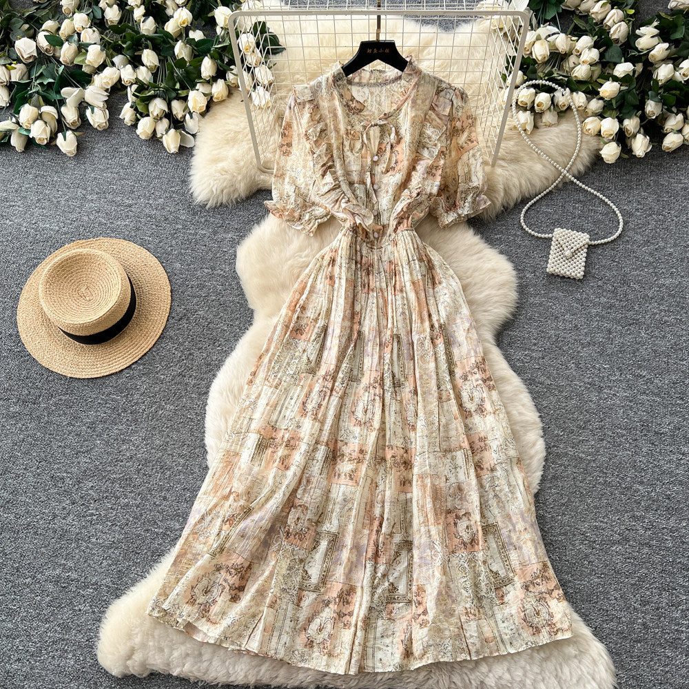French romantic floral dress for women, summer , v-neck, puff sleeves, cinched waist, slimming, elegant maxi dress