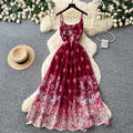 Vacation-style printed cami dress - romantic floral embroidery, korean high-waisted slimming maxi dress for women's summer
