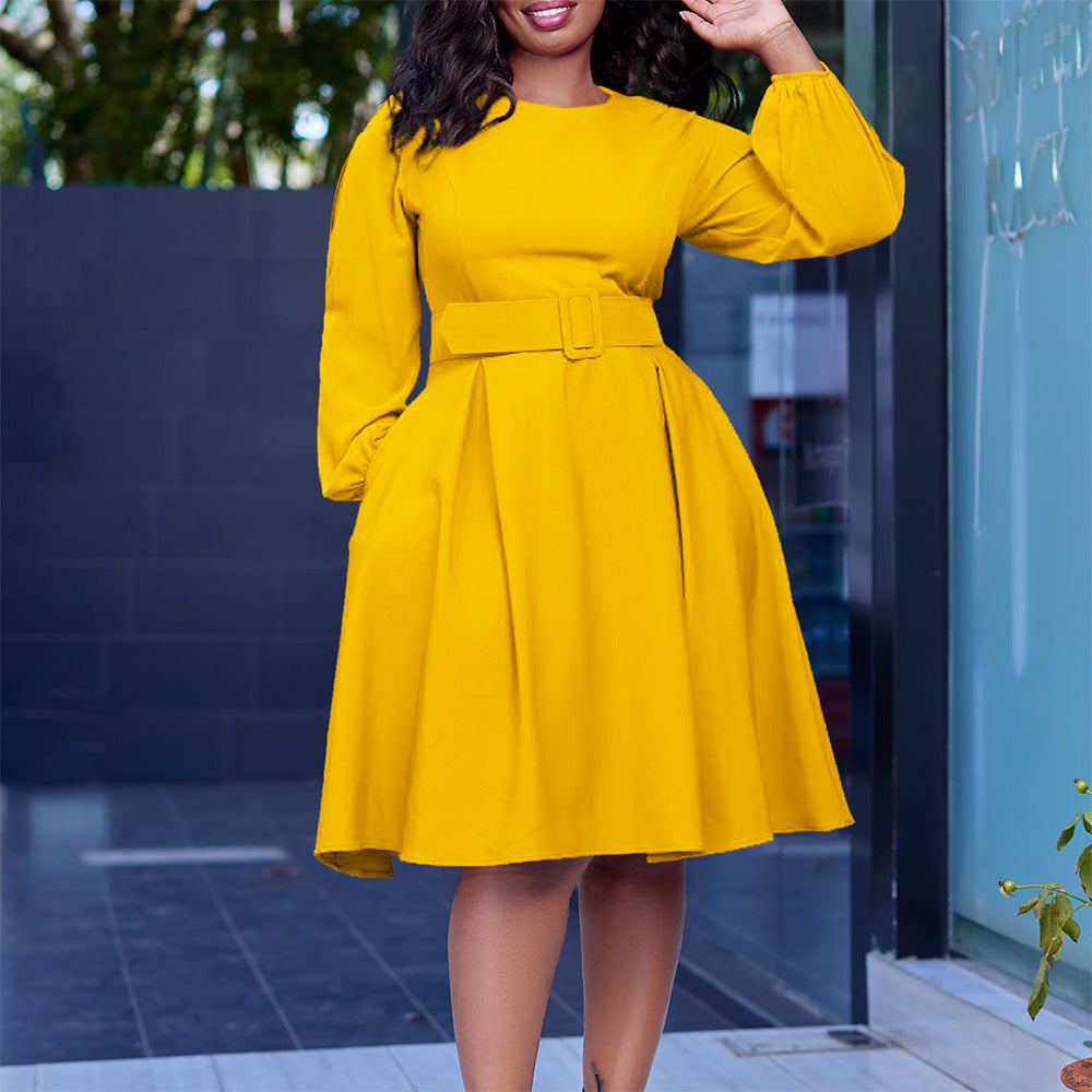 D418 belted african women's dress,  autumn/winter new arrival, long sleeve elegant round neck swing dress, european and american style