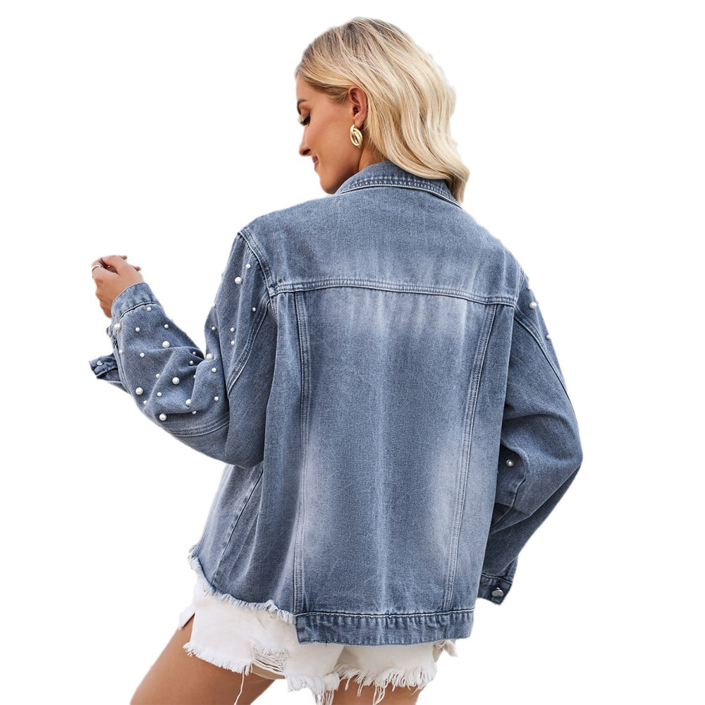 European and american cross-border women's spring new arrivals:  independent store washed beaded long sleeve casual denim jacket top