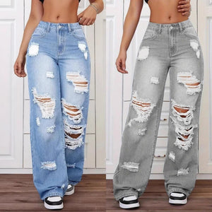 Fashion cross-border export ripped jeans washed high waiststraight-legeasiest for matchloose denim pants for women jeans