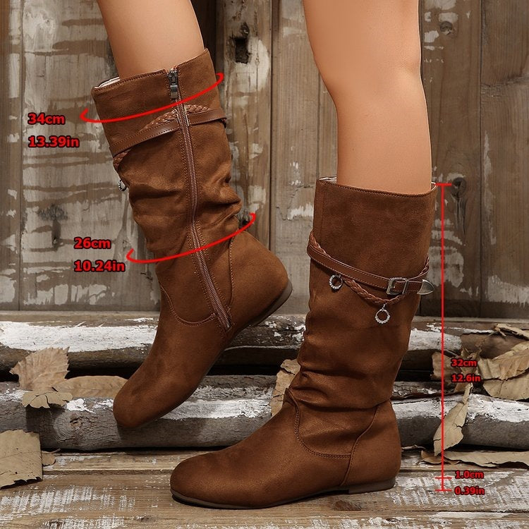 export plus size mid-calf boots for women,  spring/autumn new collection, side zipper ruched slouch boots, flat suede ankle boots