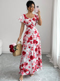 Fashion cross-border  french printingdress low collar chest pleated design short flying sleeves high waist long