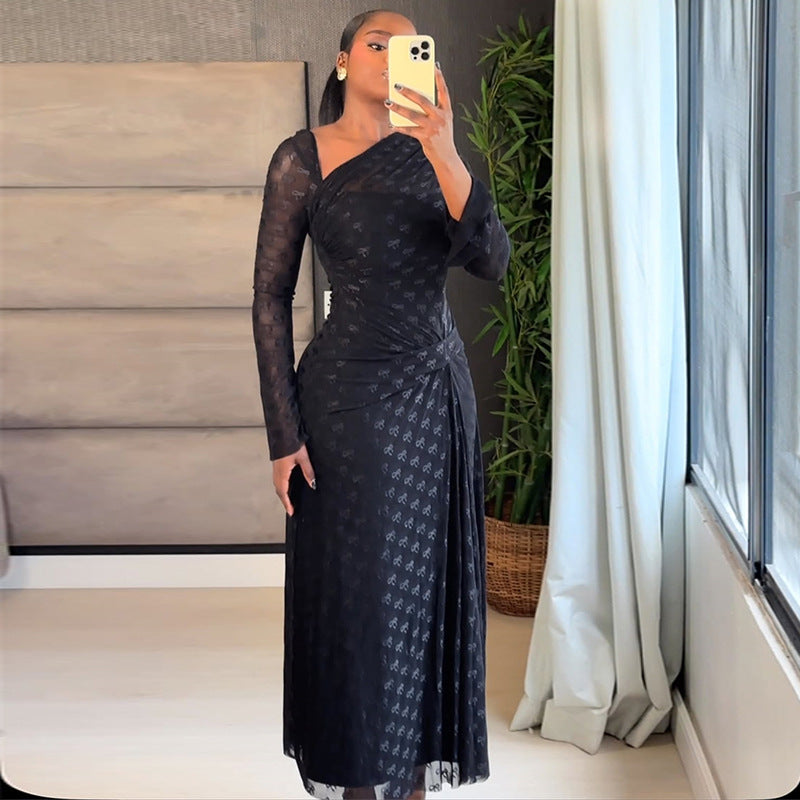 European and american cross-border women's fashion:  autumn new arrivals - sexy, elegant, asymmetrical neckline, high-end slim-fit bodycon long sleeve dress
