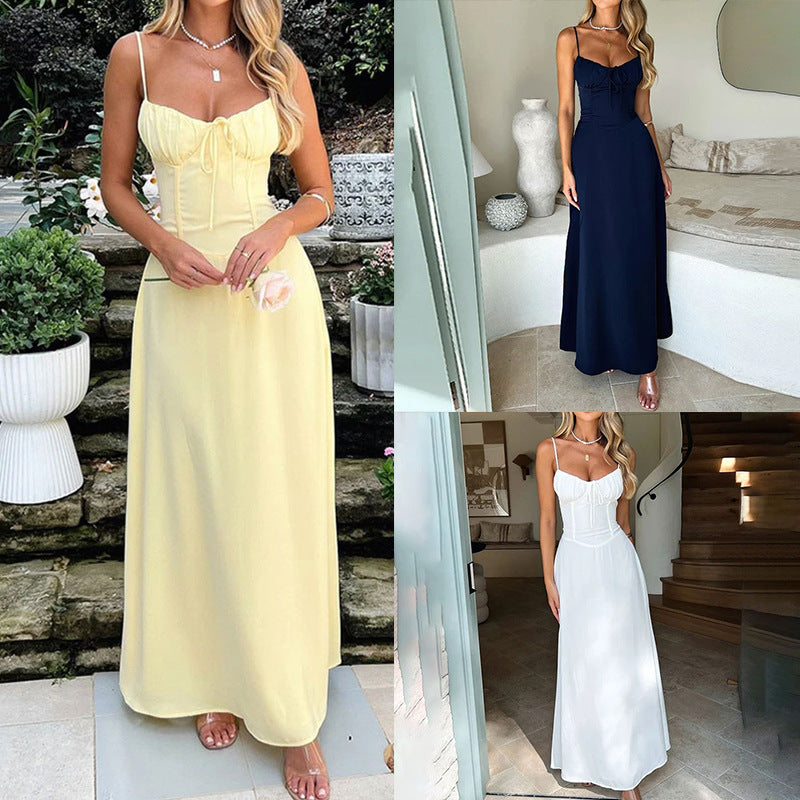 cross-border e-commerce women's fashion: european and american summer new arrivals - elegant and chic tie-waist a-line solid color midi dress