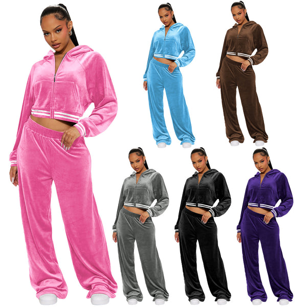 YD8798-B3 European and American women's clothing, 's new model, fashionable non-inverted velvet thread hooded two-piece set,